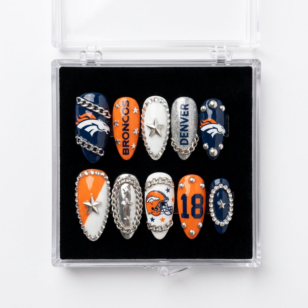 Denver Broncos Handmade Press On Nails | Reusable 3D Nail Set