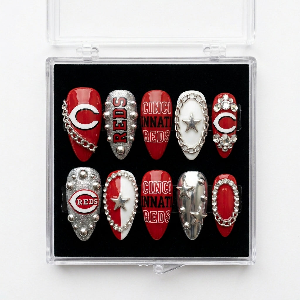 Cincinnati Reds Handmade Press On Nails | Reusable 3D Nail Set
